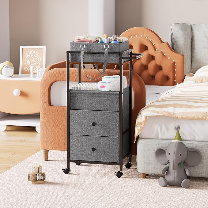 Modanais Baby Diaper Caddy Organizer Cart with Drawers - 3In1 Rolling Storage Cart with Wheels, Removable Diaper Caddy, Detachable Dividers - for Crib, Bedroom, Art & Craft Organizer (Black)