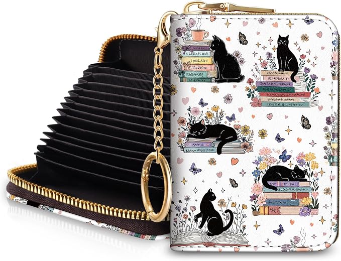 Blusabaca RFID Credit Card Holder Small Women Travel Wallet, Cute Black Cat | Removable Keychain, Case with Zipper, Vegan PU Leather, Cash Coin Pocket, Business Accordion Purse, Ladies Female Gift
