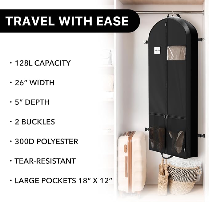 Simple Houseware 60'' Travel Garment Bag with Pockets for Suits, Dresses, Coats, Tuxedos, Heavy Duty 300D Polyester