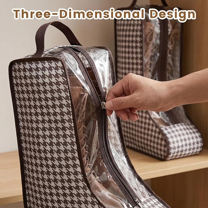 4 Pcs Boot Bags with Handles for Cowboy Boots Houndstooth Shoe Dust Proof | Boot Storage Organizer Tall Boots, Travel Shoes Organizer for Packing, Daily Use, Home Closet Organization