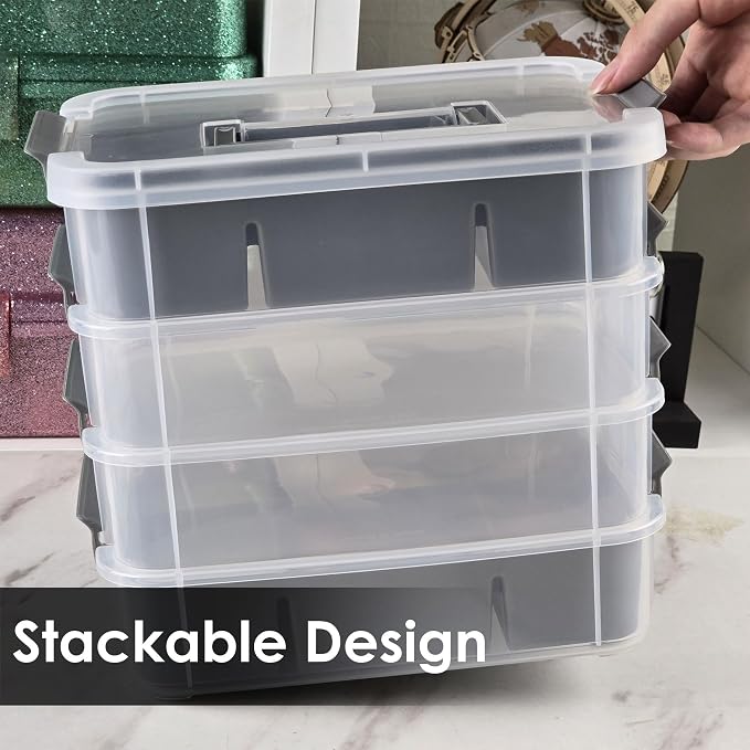 CraftGenes Craft Organizers and Storage, 4-Tier 10 Qt Box, 2 Trays, Grey | Clear Compartments; Dual Removable Inserts; Carry Handle; Side Latches; Beads, Ribbon, Stamps, Scrapbook Pieces, DIY Tools
