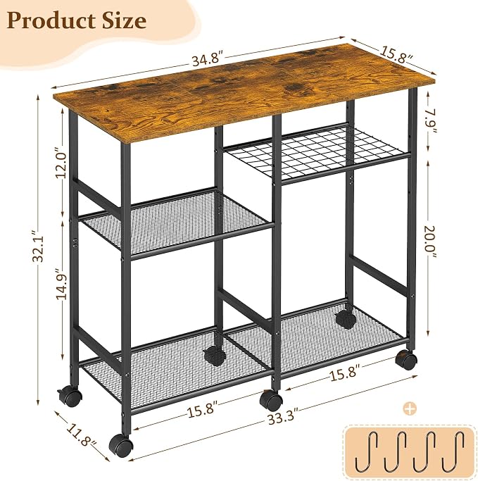 ThreeHio Rolling Kitchen Microwave Cart, 3-Tier Microwave Stand with Adjustable Shelf, Kitchen Storage Island on Lockable Wheels, Coffee Bar Baker's Rack Utility Cart for Living Room, Office, Balcony