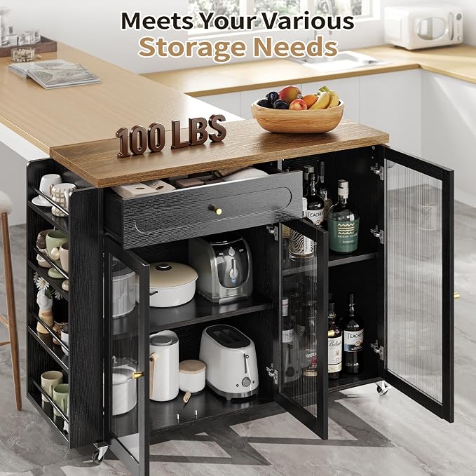 Kitchen Island with Power Outlet - Kitchen Cart on Wheels with Storage Cabinets & Drawers, Rolling Island Table with Spice & Towel Rack, Portable Islands with Large Wood Counter, Dinning Room