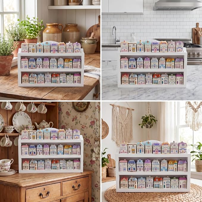 Chunful Vintage Spice Jar Wooden Rack White Classic 3-tier Spice Shelf for 24 Jars, Village Style Wall Mounting Kitchen Storage Decorative Hanging Display Rack, Shelf Only