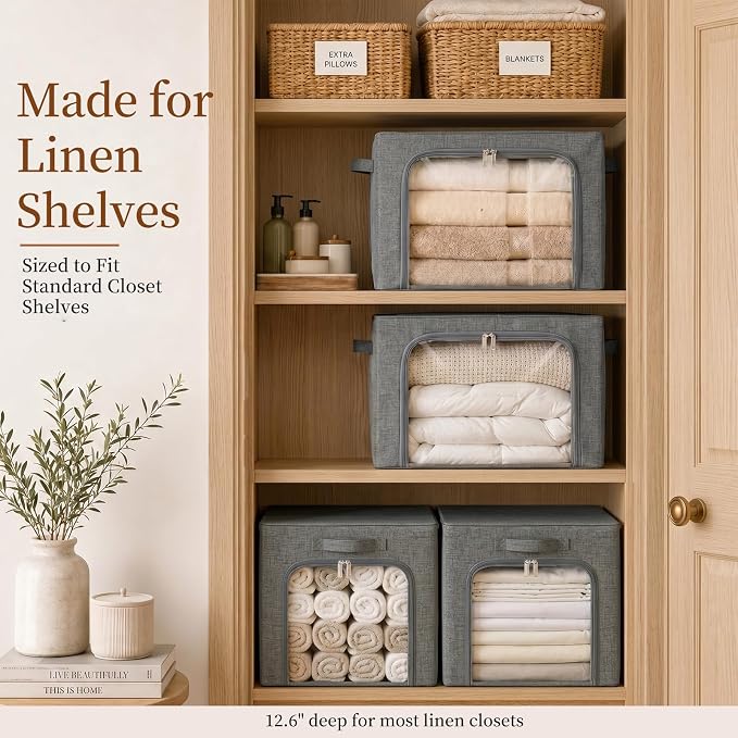 GoMaihe 3 Opening Clothes Storage Bins with Metal Frame, 40L Sweater Storage Organizer for Upper Shelf Closet Storage Boxes with Clear Window for Hoodies Jeans Towel 6-Pack Grey