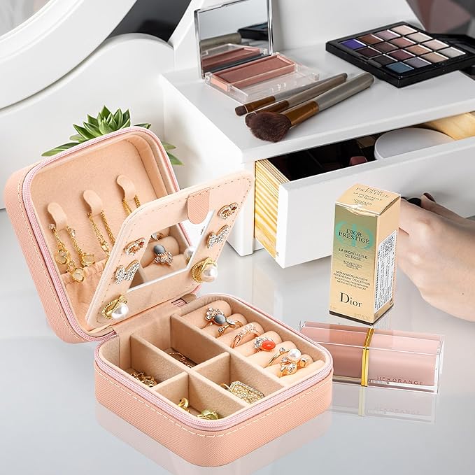 Neveika Jewelry Box with Mirror,Small Jewelry Organizer Box，Travel Jewelry Case for Women，Gift Jewelry Boxes for Female Girls (mirror pink)