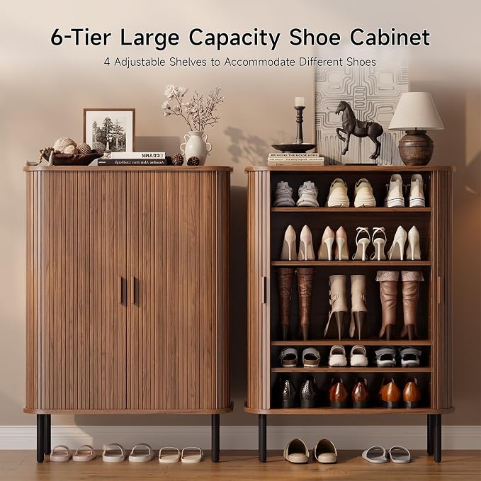 ONBRILL 6-Tier Shoe Cabinet with Sliding Door, Wooden Shoe Storage Cabinet with Adjustable Shelves, Mid-Century Modern Freestanding Shoe Storage Organizer for Entryway, Hallway, Living Room, Walnut