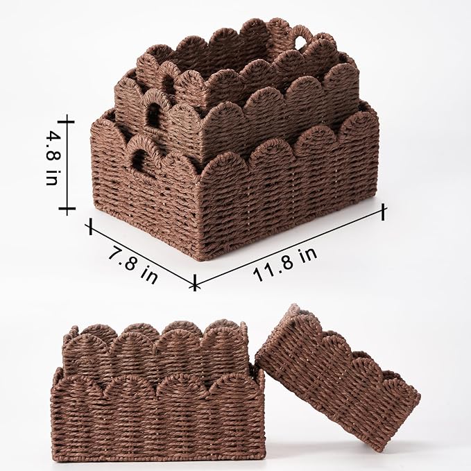 Scalloped Wicker Baskets, Set of 3 Hand-Woven Storage Baskets with Handles - Paper Rope Shelf Organizers & Decorative Baskets for Shelves, Closet, Bathroom (Brown）