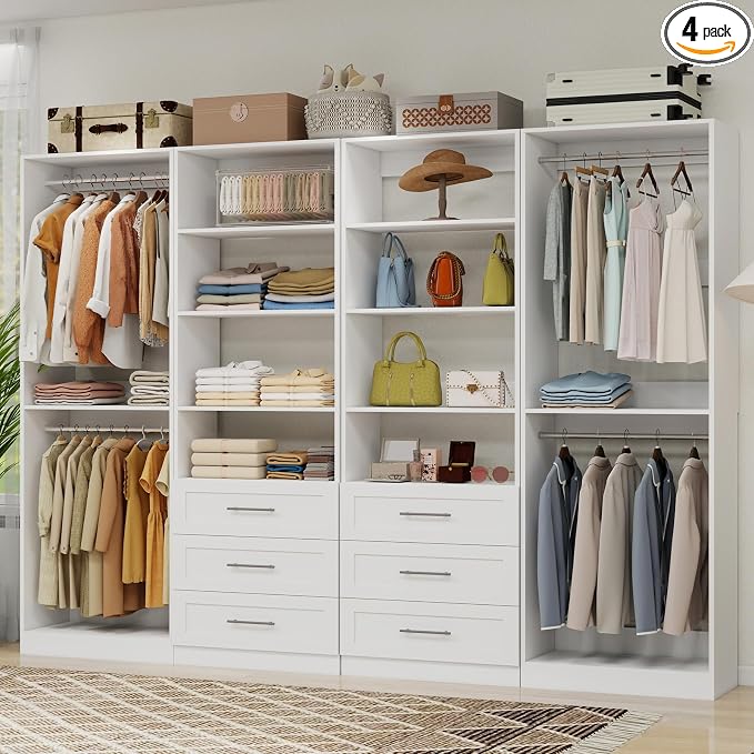 Closet System with 6 Drawers, 8FT-21FT Wooden Organizer System | 81"Tall Modular Walk In Closet System with 8 Hanging Rods&Adjustable Shevles,Standalone Closet System System, 4Set,White