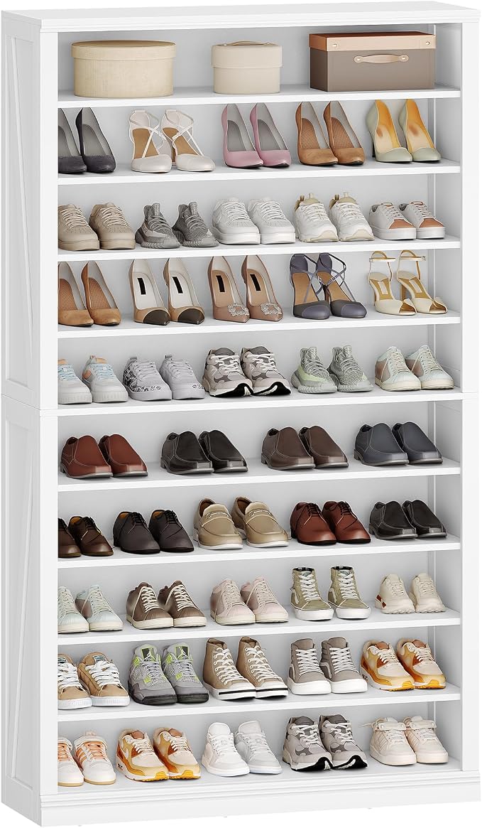 Hzuaneri Shoe Storage Cabinet,10 Tiers Farmhouse Tall Shoe Cubby Organizer | Freestanding Shoe Cabinets, Wooden Shoes Rack with Cubby, 46-50 Pairs, for Entryway, Living Room, White SR59803X