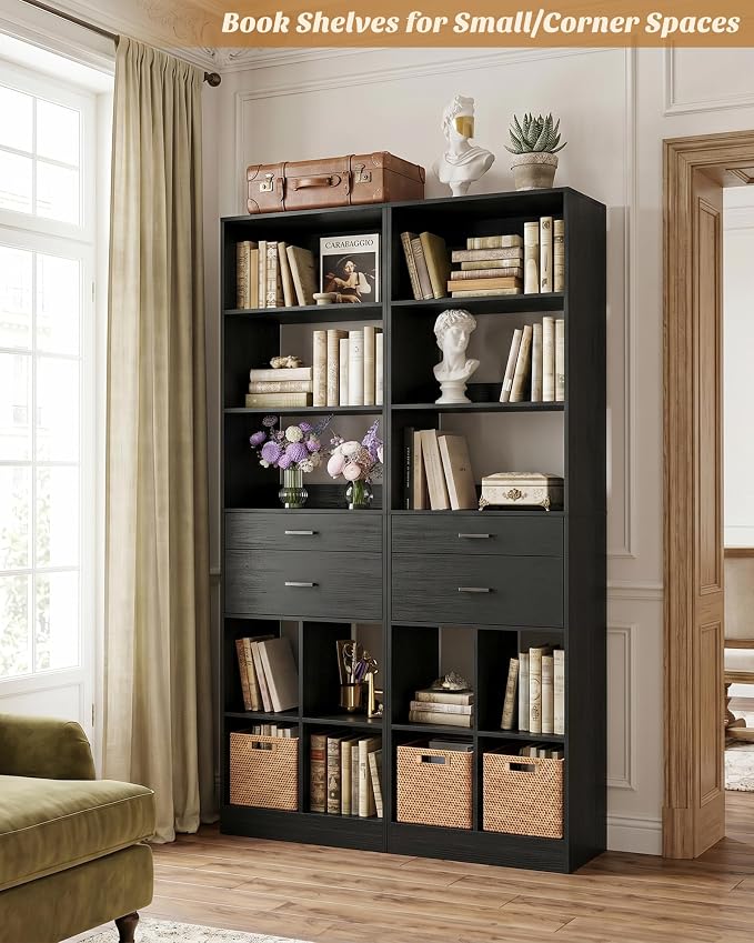 44" Storage Unit with Drawers and Shelves, Black