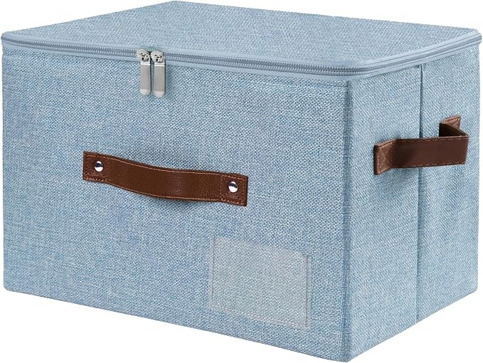 ANMINY Fabric Storage Box Bins with Zipper Lid, Washable Blue | Cotton Linen Fabric, PP Board Frame, Label Holder, Stackable & Foldable, PU Handles, Dual-Zipper 3-Side Open Lid, Medium