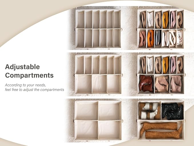 StorageWorks 2-Pack 24-Pair Under Bed Shoe Storage Organizer, Beige | Adjustable Dividers, Up to 12 Pairs Each, 5.25" Height, Fits 6-inch+ Clearance, Clear Top, Soft Handles, For Closet, Bedroom