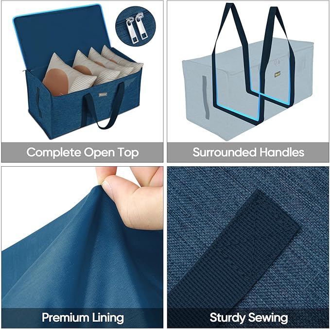 BALEINE Extra Large Storage Tote with Zippers & Carrying Handles, Heavy-Duty Oxford Fabric Moving Bags for Laundry, Space Saving, Storage, 2-Pack, Denim Blue