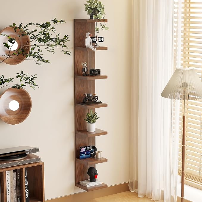 LitaEther Wood Wall Shelf Units,7 Tier Lack Floating Shelves,Rustic Bookshelf for Home, Bedroom, Living Room