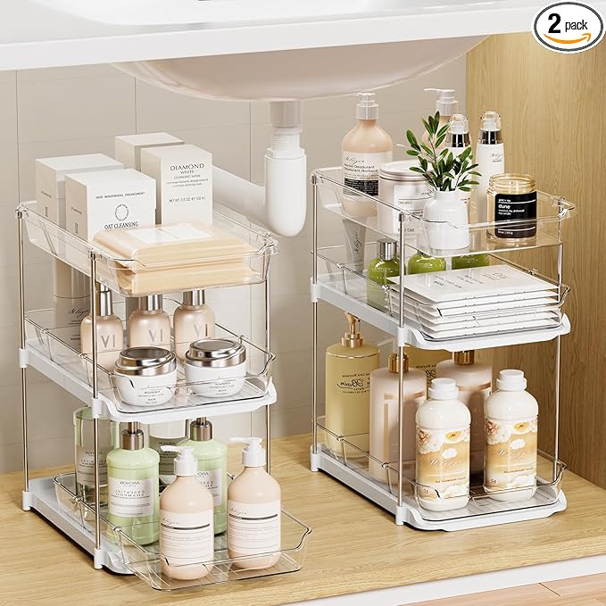 LAMU 2 Pack Bathroom Organizers and Storage, 3-Tier Stackable Under Sink Storage with Pull-Out Drawers & Dividers, Medicine Cabinet Organizer for Kitchen Pantry Organization | 2 Pack, Stackable, Pull-Out Drawers, Dividers