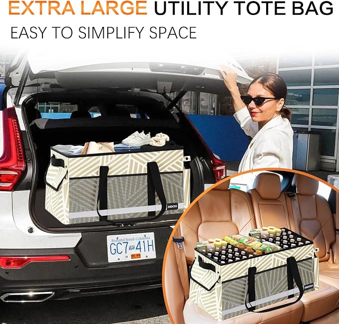 Extra Large Utility Tote Bag with Reflective Strip, Standing Reusable Grocery Bags with Hard Bottom, Collapsible Utility Tote with Handles for Shopping, Beach, Picnics, Car, Striped Gray