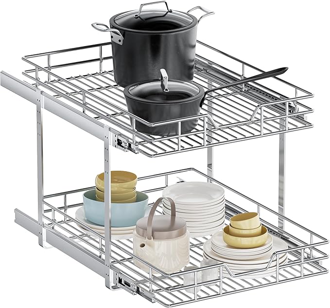 2-Tier Pull Out Cabinet Organizer, 25.5" W x 21.5" D, Heavy Duty Dual Slide Out Shelves for Wide Base Cabinets, Chrome Wire Basket Drawer for Pots, Pans, Pantry & Cleaning Supplies