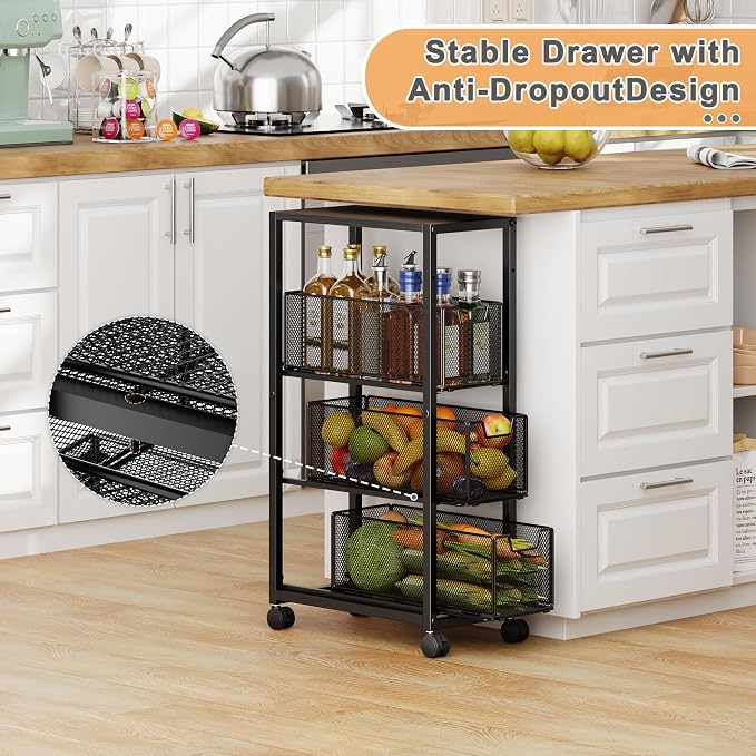 4 Tier Kitchen Rolling Cart, Kitchen Storage Cart with Wheels, Adjust Pantry Organizer and Storage Cart with Drawer, Fruit Vegetable Spice Storage Cart, Wooden Top Metal Kitchen Organizer Rack Stand