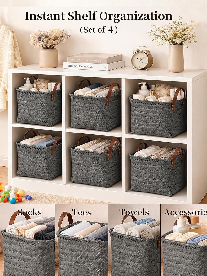 Hand Woven Baskets for Storage, 4Pcs Water-Resistant Wicker Baskets, Grey Wicker Storage Baskets for Shelves, Large Basket with Handle for Organizing, Clothes, Laundry, Blanket - Square