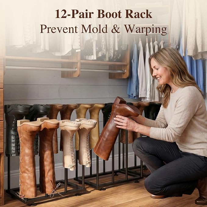 Free Standing Shoe Rack Organizer, Black Metal Tall Boot holder, Space-Saving Shelf Storage, for Closet, Entryway, Garage, Bedroom, Outdoor, Apartment, Front Door, Entrance, Fits 12 Pairs