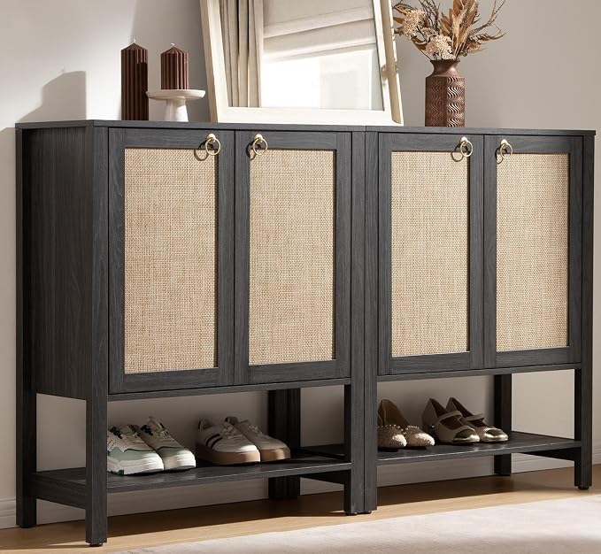 SICOTAS Shoe Storage Cabinet for Entryway - 5 Tier Rattan Entry Shoe Organizer Cabinet with Shelves & Doors, 2 Pieces Farmhouse Boho Tall Shoe Rack for Hallway, Living Room, Closet (Obsidian)