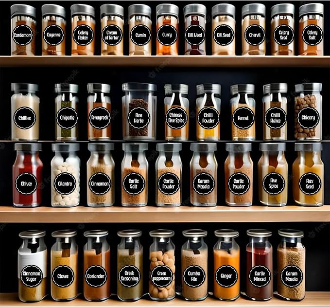 Andiker 144Pcs Spice Jar Labels, Preprinted Self-Adhesive Spice Jar Stickers, Waterproof Seasoning Label Stickers for Jars Bottles and Containers (Round, Black)