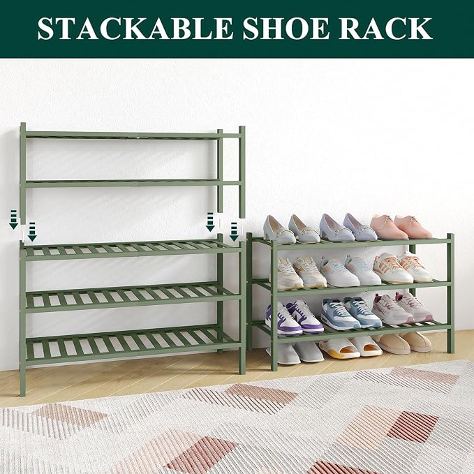 Smiry Bamboo Shoe Rack for Closet, 3 Tier Wooden Shoe Organizer, Stackable Wood Shoe Storage Shelf for Entryway, 14 Vertical Slats, One-piece Heavy-Duty Legs, 26.77"x11.02"x18.31", Green