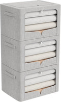 FHSQX 3 Pack Clothes Storage Bins - Foldable Metal Frame Storage Box - Stackable Linen Fabric Container Organizer Set with Carrying Handles and Clear Window (Light Gray, 15.7x11.8x7.8inch(22L))