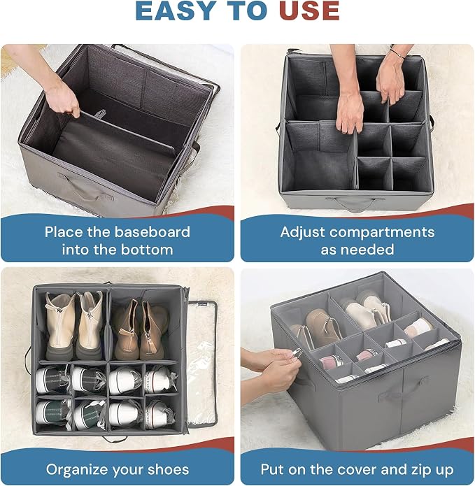 Shoe Organizer for Closet, 16 Compartment Foldable Storage Box with Lids | Milentii 2-Pack Foldable Shoe Organizer with Box Bin, Adjustable Dividers & Clear Cover Closet Storage Fit 16-32 Pairs, Grey