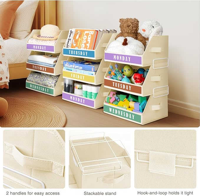 Homsorout Closet Organizers and Storage - 5 Tier Shelf Organizer with Weekly Labels, Stackable Storage Bins with Metal Frame, Foldable Cube Bins, Home Baskets for Kids and Adults, Beige