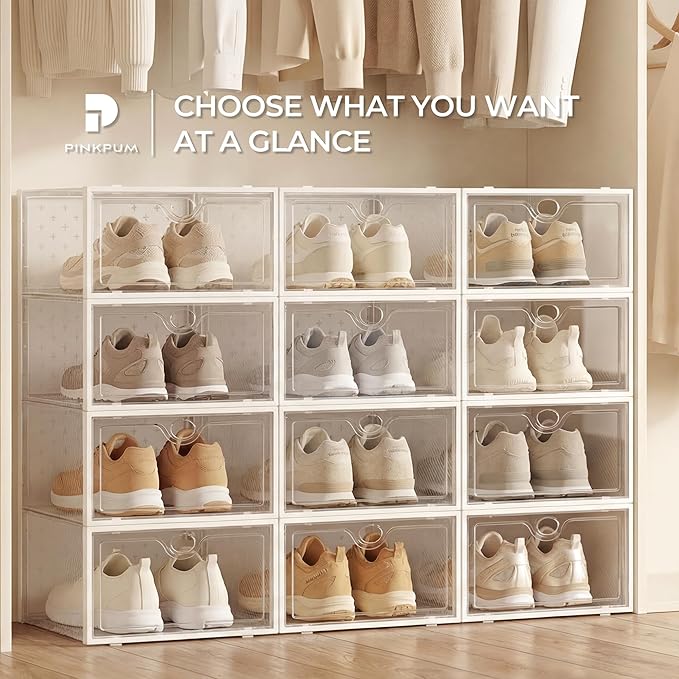 Pinkpum 12 Pcs XLarge Shoe & Sneaker Storage Organizer Box Clear Plastic Stackable Closet Grey