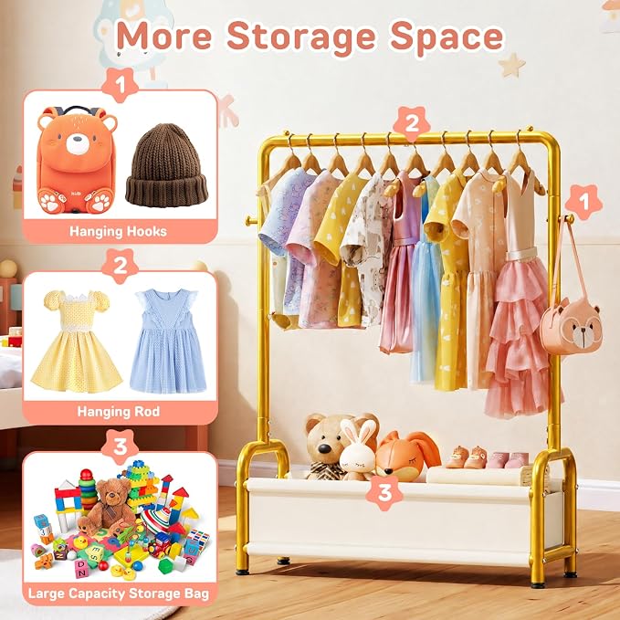 Kids Clothing Rack with Storage Shelf, Kids Dress Up Storage for Coats, Small Baby Garment Rack for Hanging Clothes, Toddler Wardrobe Closet Organizer (Gold, Classic)