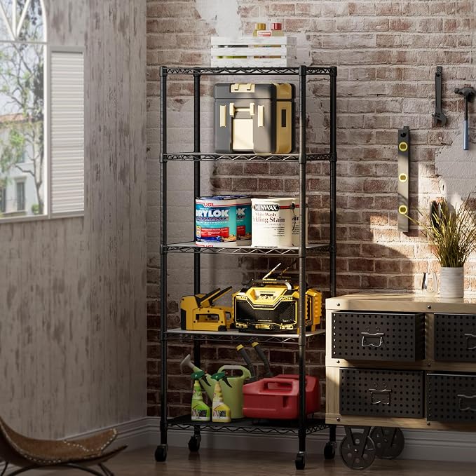 Golpart Shelves Storage Shelf Wire Closet Bathroom Organizers Metal Pantry | 5 tier Kitchen Garage Shelving Unit Laundry Room Organization Home Rack Net Basket Black with Wheels 14”D X 24”W X 61.2”H