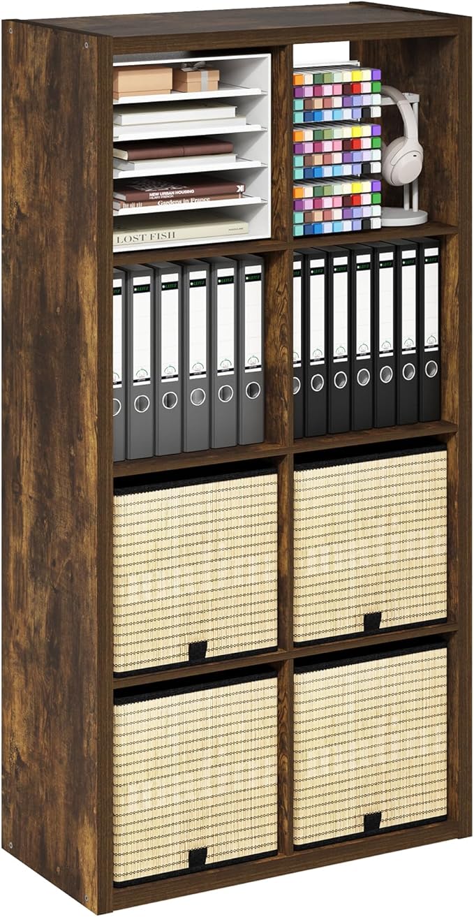 Furinno Cubicle 8-Cube Book Shelf, Extra Thick Frame Bookshelf, Amber Pine | 14.6" x 30" x 58", Horizontally & Vertically Reversible Bookcase with Open Back, for Living Room, Bedroom, Home Office