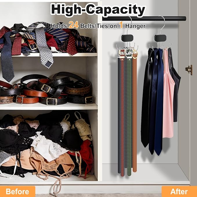 Belt Hanger for Closet, 1PCS Belt Organizer for Closet 360°Rotating Max 24 Belt, Tie Rack Hanger for Closet Tie Organizer for Closet Belt Holder for Closet for Belt,Tie,Tank Top,Bra,Scarf,Hat