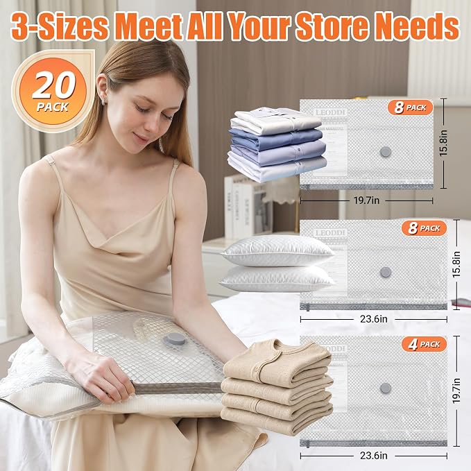 Vacuum Storage Bags for Travel with Rechargeable Cordless Pump, 20 Pack Compression Packing Bags for Luggage and Suitcase, Space Saver Seal Bag for Clothes and Clothing
