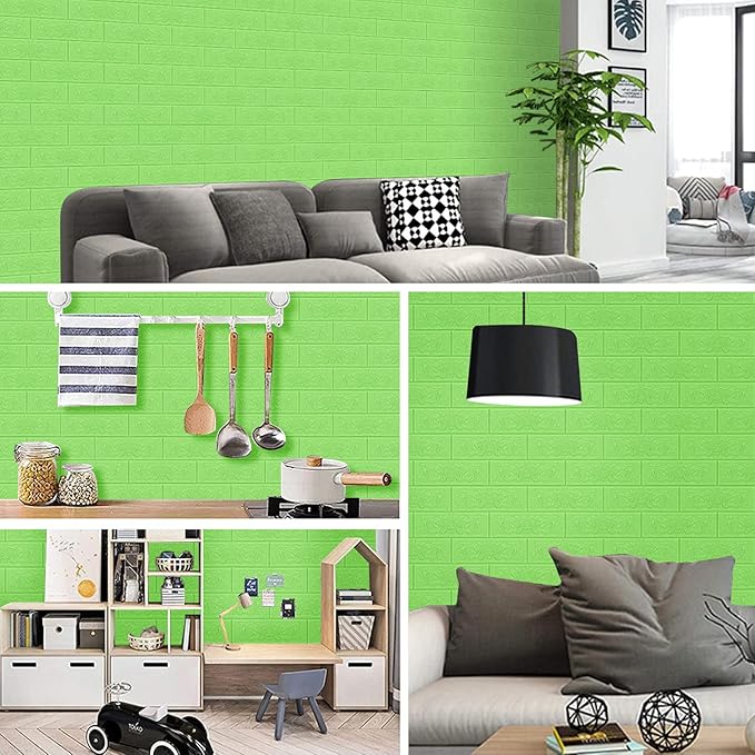 3D Wall Panels, 58 sq.feet Coverage, Printable Wallpaper Sticker with Self-Adhesive Waterproof Brick PE Foam Wall Panels Peel and Stick for Interior Wall Decor, Home Decoration 40 PCS Green