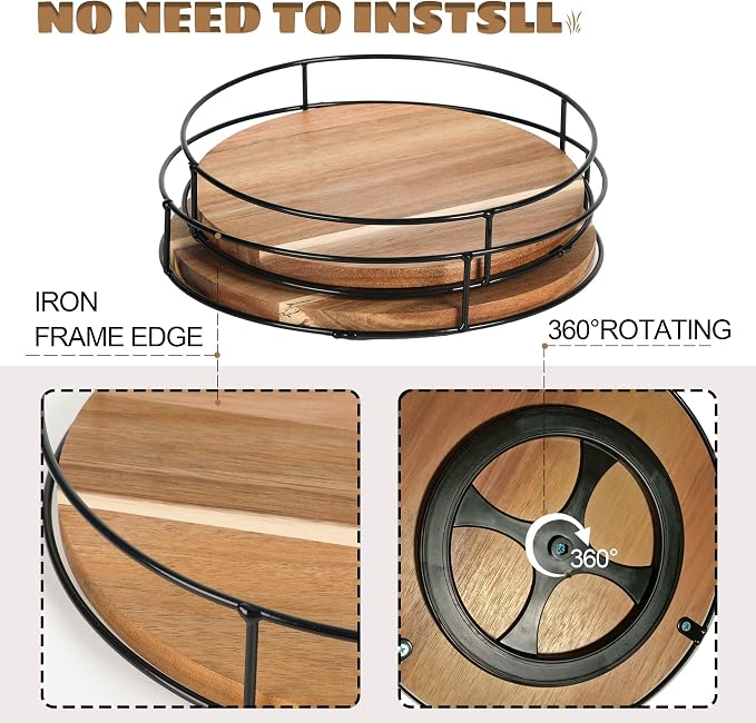[ 2 Pack ] 11" & 12" Acacia Wood Lazy Susan Organizers with Steel Sides