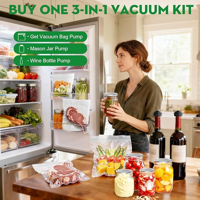 3-in-1 Vacuum Sealer for Food Compatible with Vacuum Bag, Mason Jar, Wine Bottle, Handheld Saver Compact Vacuum Sealer Machine (Vacuum Sealer(Black)+Bags+Mason Jar Lids+Stopper)