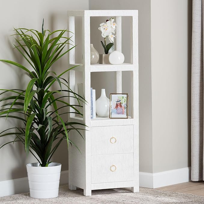 Bali & pari Xavier Grasscloth Tall Storage Cabinet - Woven Accent Displaying Tower Bookcase with Open Shelves and Drawers, Space-Saving Organizer for Living Room, Bedroom, or Entryway