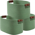 ECDYQXVU 15x10x9 Woven Cotton Rope Storage Basket, Leather Handles 3 Pack | Foldable Design, Sturdy PU Handles, Easy to Clean Organizer for Living Room, Closet, Shelves, Bedroom, Laundry, Clothes