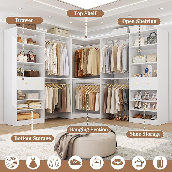Armocity Closet System Set of 2 - Corner Closet Organizer System with Drawer/9 Shelves/4 Hanging Rods, 91.3" L-Shaped Walk-In Wardrobe Organizer, 1800+ lbs Capacity, White