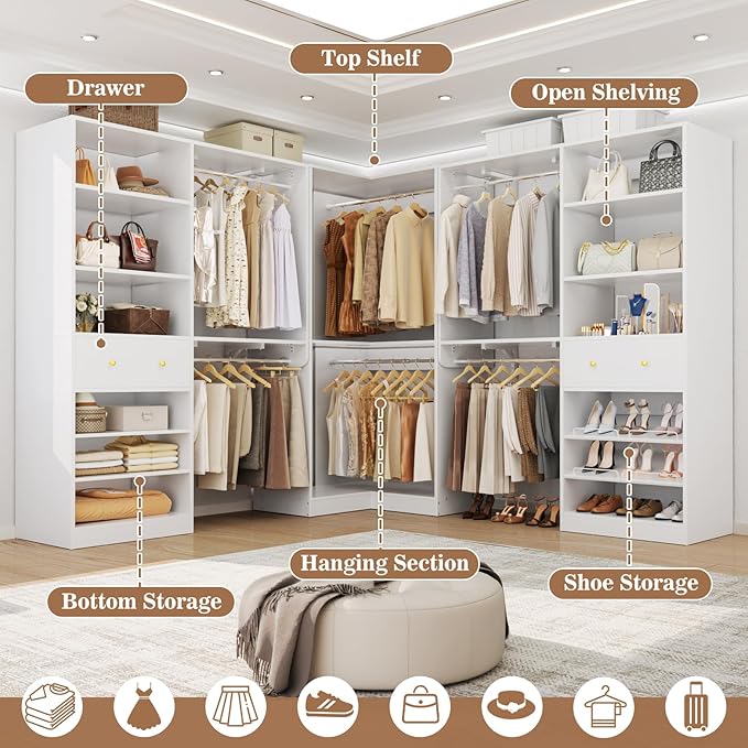 Armocity Closet System Set of 3 - Corner Closet Organizer System with 2 Drawers/16 Shelves/6 Hanging Rods, 151.1" L-Shaped Walk-In Wardrobe Organizer, 2800+ lbs Capacity, White