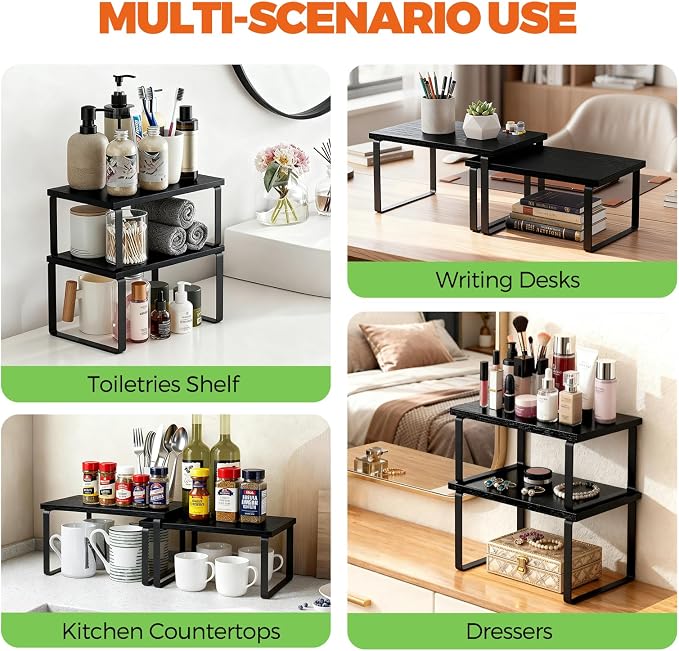 4 Pack Cabinet Organizer Shelves, Counter Shelf, Kitchen Storage, Spice Rack, Stackable, Expandable, Wood and Metal (Natural Black & Black)