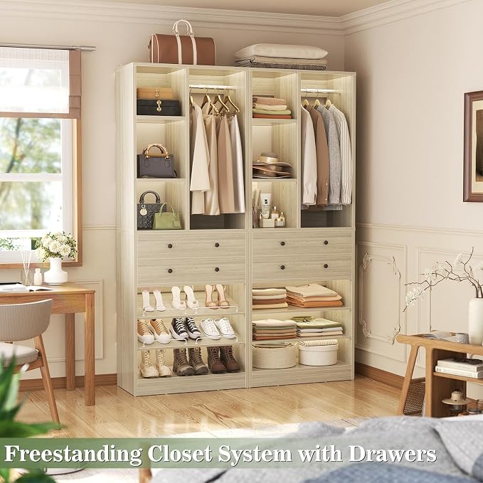 Besiost Closet System, 55.5"/4.6 FT Closet Organizer System with Drawers and Shelves, Walk-in Closets Systems for Small Closets, Free Standing Reach in Closet Tower, Load 1200+LBS, Greige 2 Pack