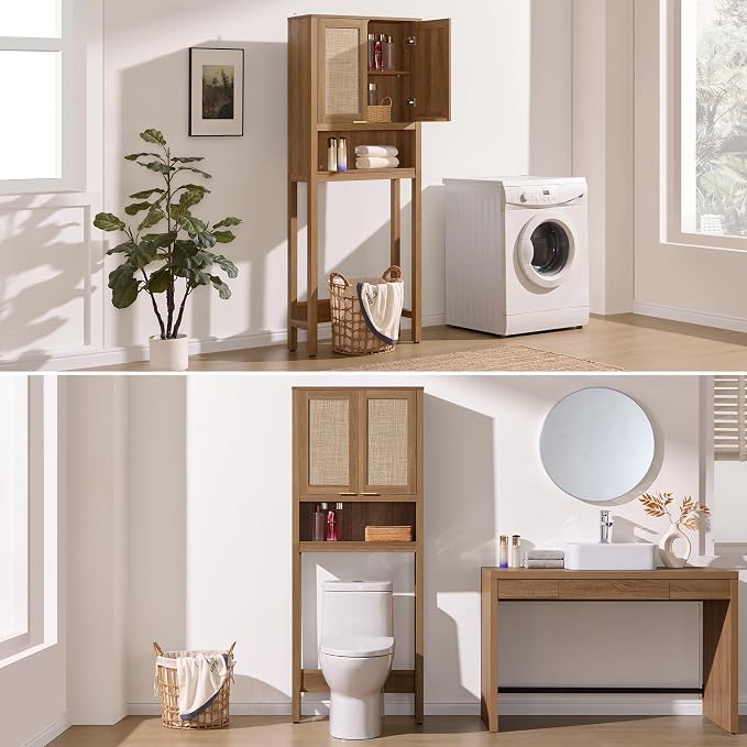 SICOTAS Over the Toilet Storage Cabinet, Rattan Door Bathroom Organizer | Freestanding Bathroom Organizer with Adjustable Shelf, Over Toilet Storage Cabinet for Bathroom, Laundry Room, dnd Restroom