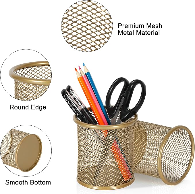 EasyPAG Pencil Holder for Desk, 2 Pack Metal Pen Organizer, Mesh Pencil Cup Organizer for Home, Office, Classroom, School,Gold