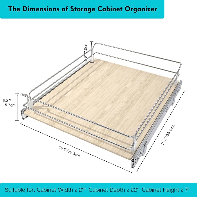Pull Out Cabinet Organizer 19.08" W X 22" D, Wood & Chromed | Full Slide Out Drawers For Kitchen Cabinets, Cabinets Capacity Heavy Duty Caddy, Cabinet Pullout Shelves , Pantry Storage