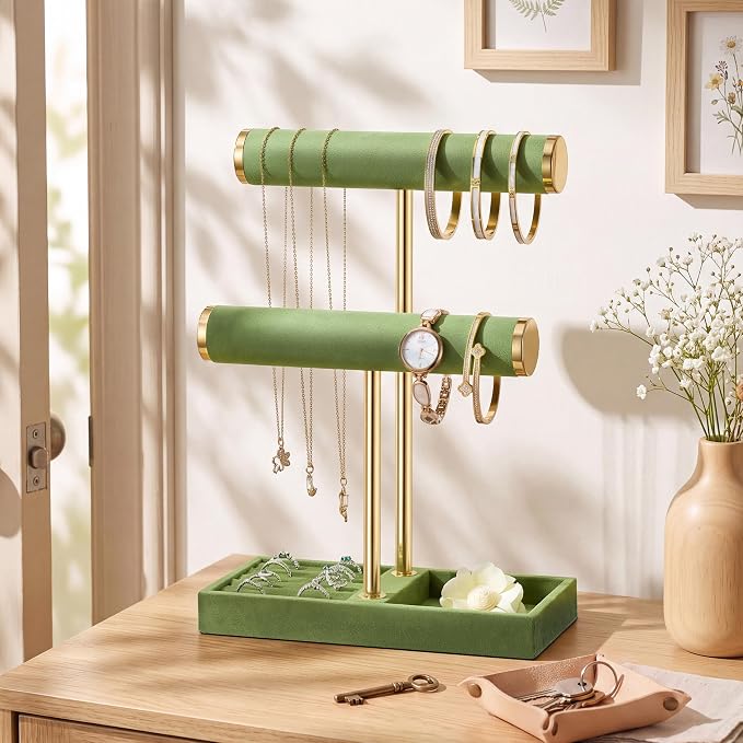 bussdis 2 Tier Bracelet Holder Display - Detachable T Bar Green Velvet Bracelet Holder, Jewelry Holder Organizer for Bracelet, Necklace, Earrings, Rings